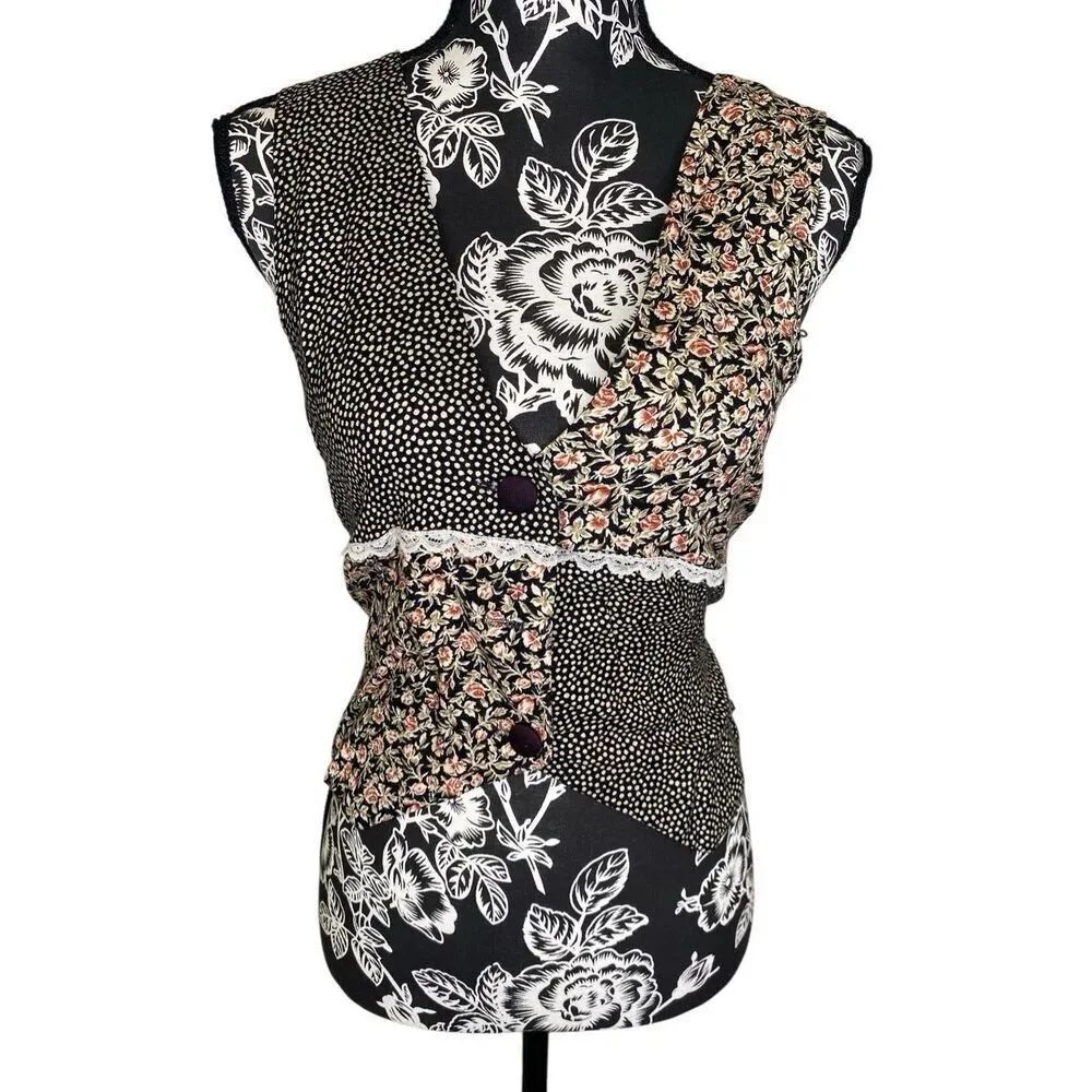Vintage Patchwork Floral Polka Dot Tie Back Top Cottagecore Boho Small Bohemian